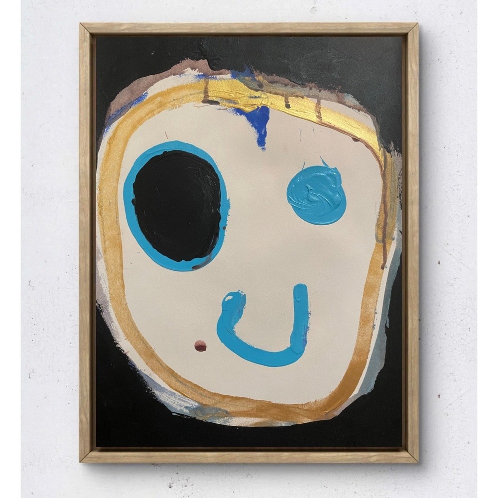 Pop Art Smiley Face Original Painting 11x14 Mixed Media Blue Teal Abstract Decor